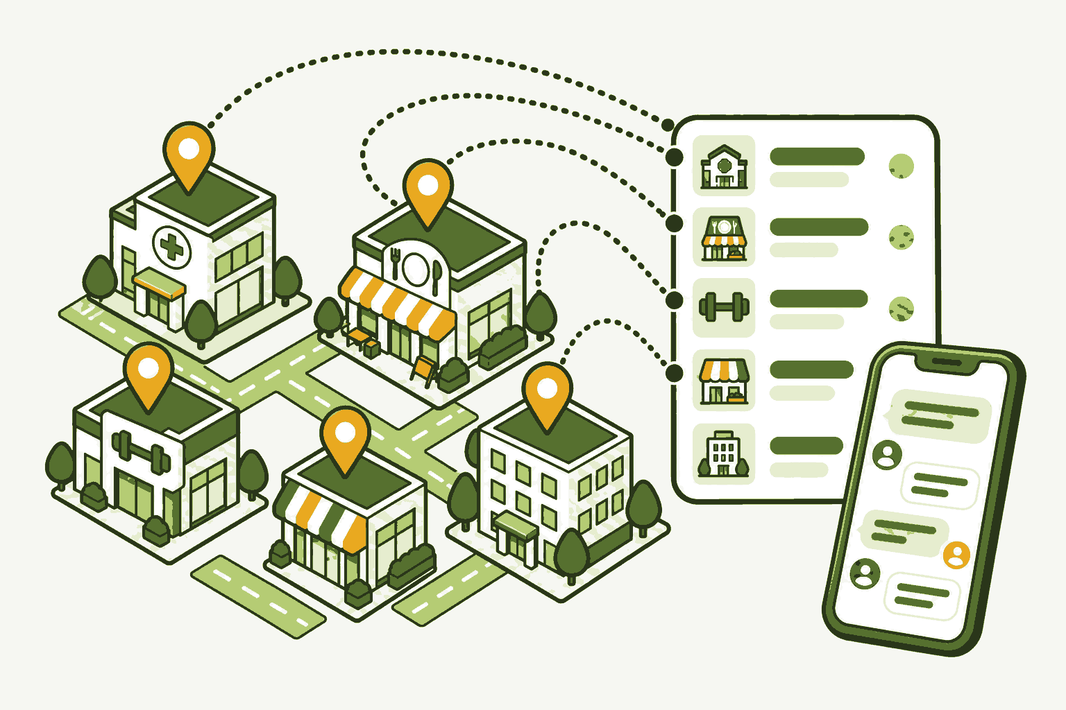 Ilustração: empresas de uma cidade marcadas no mapa virando uma lista de contatos e conversas no celular.